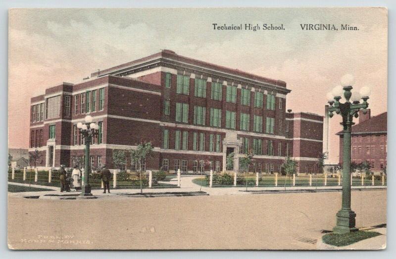 Virginia Minnesota~Technical High School~Folks Under Lamp Post~Handcolored~1920s 