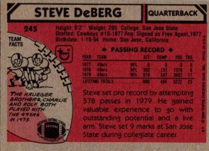 1980 Topps Football Card Steve DeBerg QB San Franccisco 49ers sun0479