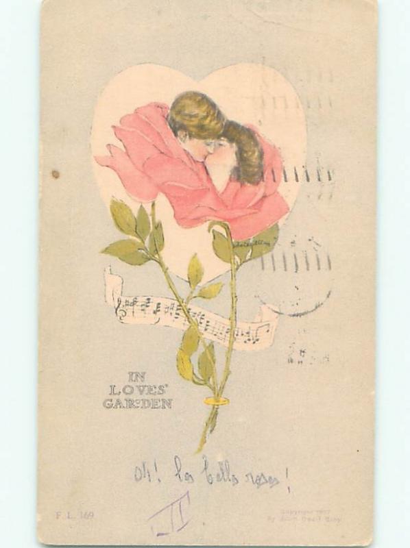 Pre-Linen fantasy ROMANTIC COUPLE KISSING INSIDE A ROSE FLOWER AB7976