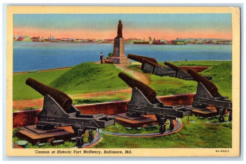 c1940 Cannon Historic Fort McHenry Statue Baltimore Maryland MD Vintage Postcard