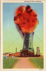 Burning Oil Well, Oklahoma  postcard geiser, derrick, fire