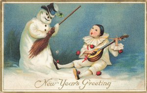 New Years Greetings Snowman w/Broom Jester W/ Banjo Postcard