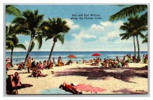 Vintage 1966 Postcard Beach Bathers Palm Trees Umbrellas at the Florida Coast