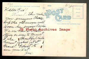 Novelty Postcard, Leather Canoe Attached to Adirondack Mountains Lake Scene