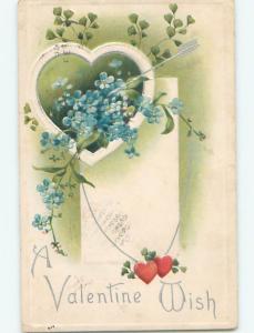 Pre-Linen valentine FORGET-ME-NOT FLOWERS AND CUPID ARROW INSIDE HEART J0294