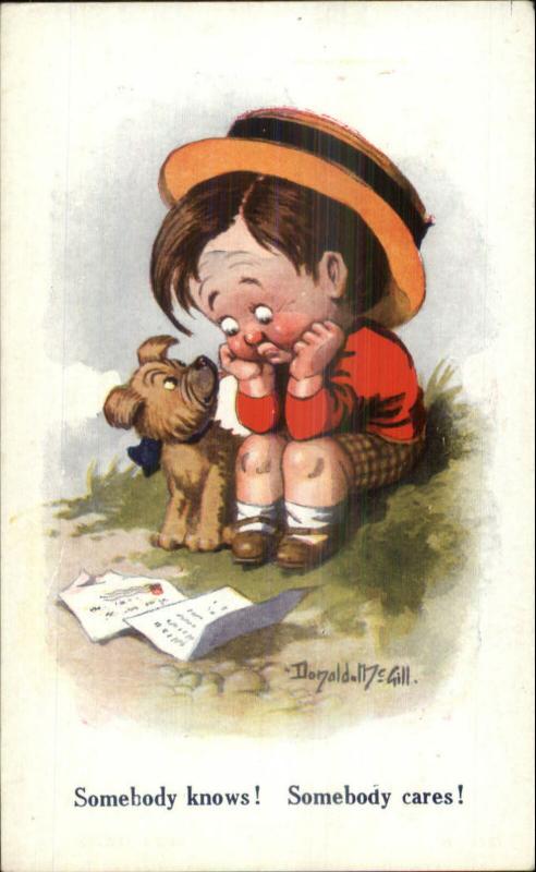 Donald McGill Sad Little Boy Reads Letter - Dog Bamforth Postcard