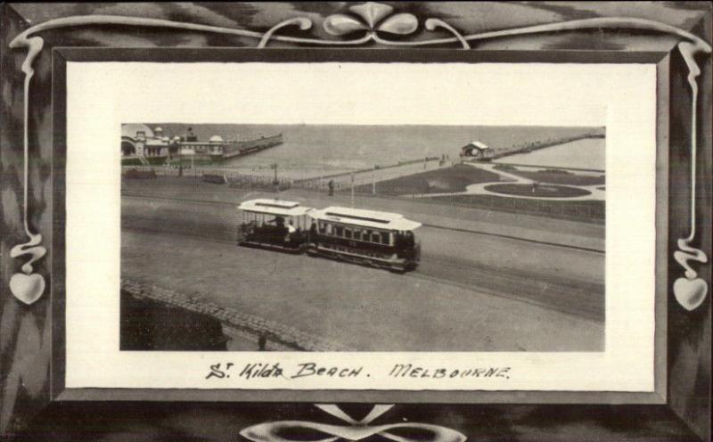 Melbourne Australia St. Kilda Beach Trolley c1910 Postcard jrf