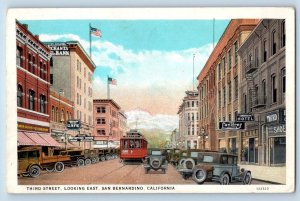 San Bernardino California CA Postcard Third Street Looking East Streetcar 1931