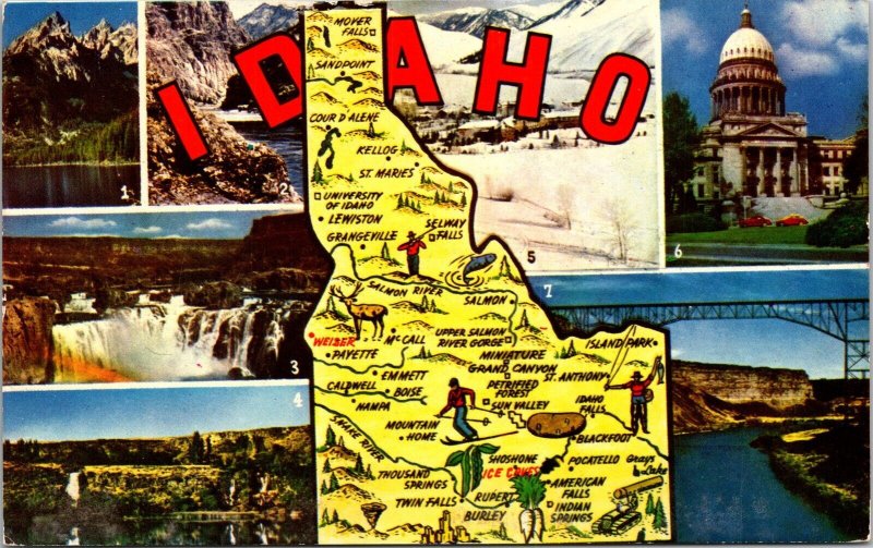 Idaho State Map Multi View Capitol Landmarks Chrome Cancel WOB Postcard 