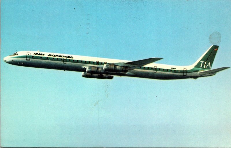 TRANS INTERNATIONAL - DC -8 FAN JET - Aviation Postcard Airlines CHROME COLOR 