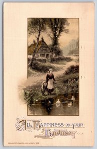 Greetings~Birthday Happiness~Mother & Child Feed Ducks~John Winsch 1913 Postcard
