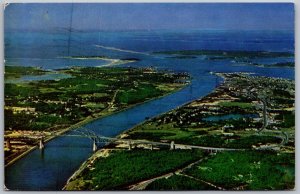 Postcard Bourne Massachusetts MA Aerial Cape Cod Canal Bridge 1950s Chrome