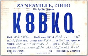 1957 QSL Radio Card Code K8BKQ Zanesville Ohio Amateur Station Posted Postcard