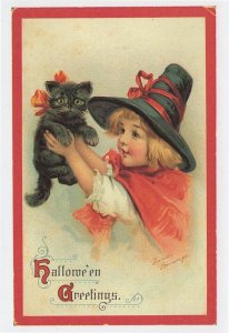 Scared Kitten Cat & Child Pagan Witch Halloween Greetings Postcard