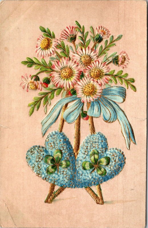 1910 - FLOWER HEART CLOVER - GREETING VINTAGE POSTCARD