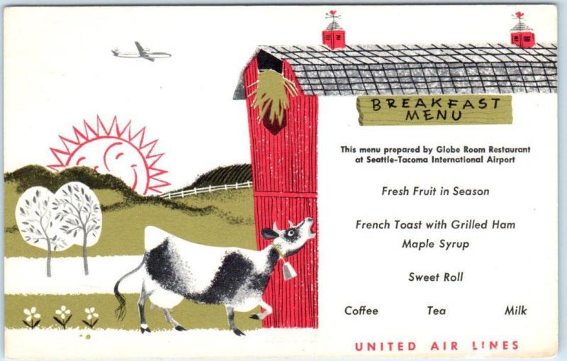 UNITED AIR LINES  Airlines   BREAKFAST MENU  Cow, Barn, Sunrise   Postcard