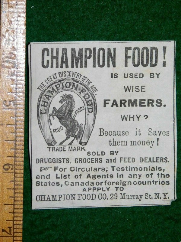 1870s Champion Food Co, Horse Farming, New York Engraved Victorian Print Ad F3 