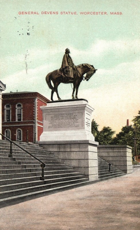 Vintage Postcard 1909 General Devens Monument Statue Worcester Massachusetts MA