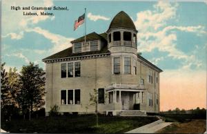 Lisbon Maine~High & Grammar School~American Flag~c1910 Postcard
