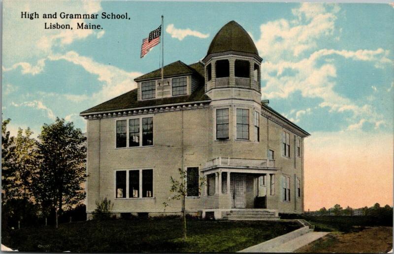 Lisbon MaineHigh & Grammar SchoolAmerican Flagc1910 Postcard