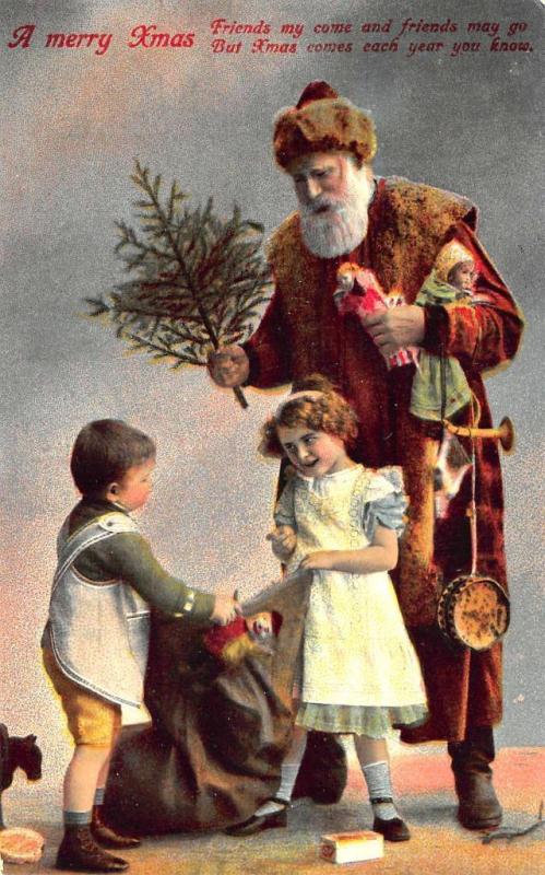 Brown Suited Santa Claus Christmas Tree Children Toys Drum Postcard