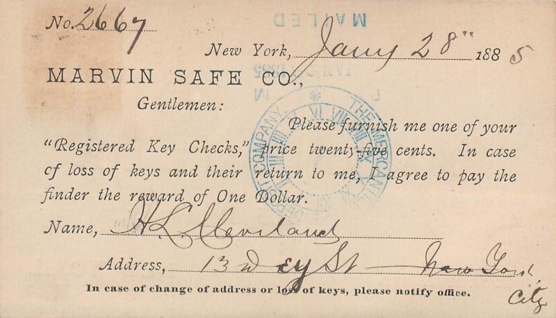 Advertising Marvin Save Co. Key Checks 265 Broadway New York City Pioneer 1885