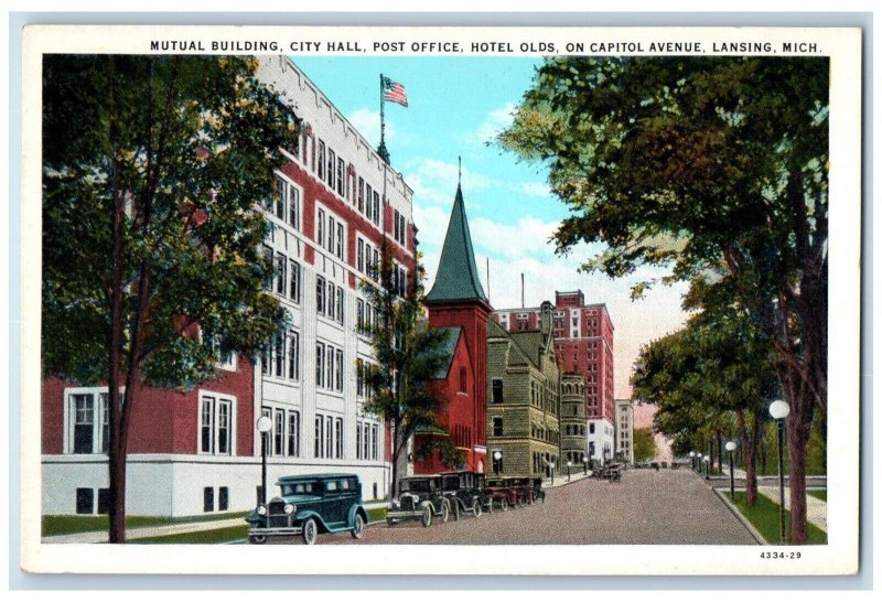 c1920 Mutual Building City Hall Post Office Hotel Lansing Michigan MI Postcard 