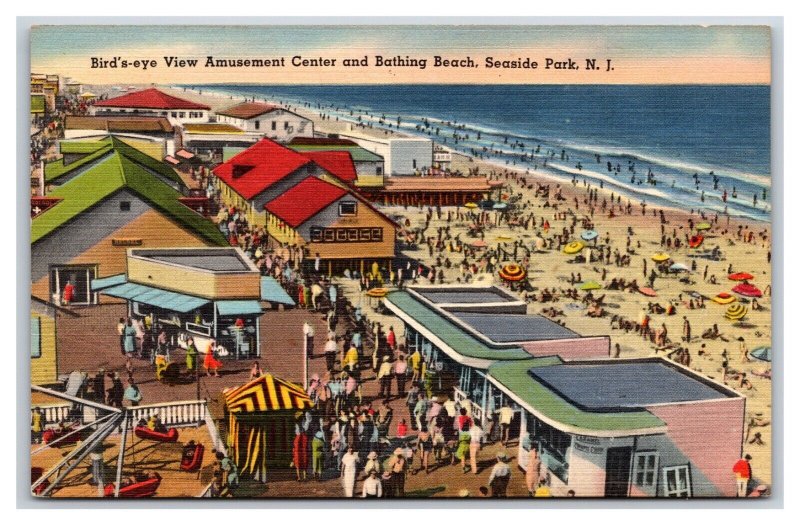 Birds Eye View Amusement Center Seaside Park New Jersey UNP Linen Postcard V11