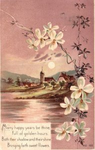 Vintage Postcard 1908 Many Happy Years Be Thine White Flowers Landscape Greeting