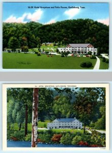 2 Postcards GATLINBURG, TN ~ HOTEL GREYSTONE & Patio Rooms ca 1940s-50s