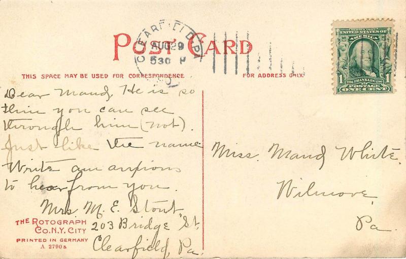 c1907 Lithograph Postcard; Dimeling Hotel, Clearfield PA Posted, Horsedrawn