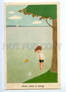 189858 Boy before end holidays AUTUMN Old colorful postcard