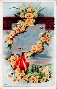 Happy Birthday - Yellow Daisies with a red Heart - Embossed - 1912