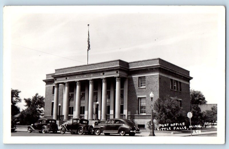 Little Falls Minnesota MN Postcard RPPC Photo Post Office Building Cars c1940's