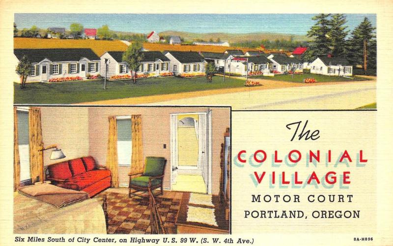 Portland OR The Colonial Village Two Views Curt Tech Linen Postcard