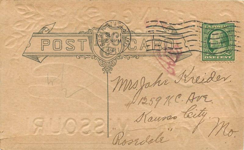 Greetings from Missouri MO embossed and airbrushed pm 1911 Postcard