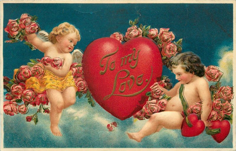AMB Embossed Valentine Postcard Cupids on Cloud with Roses & Big Heart