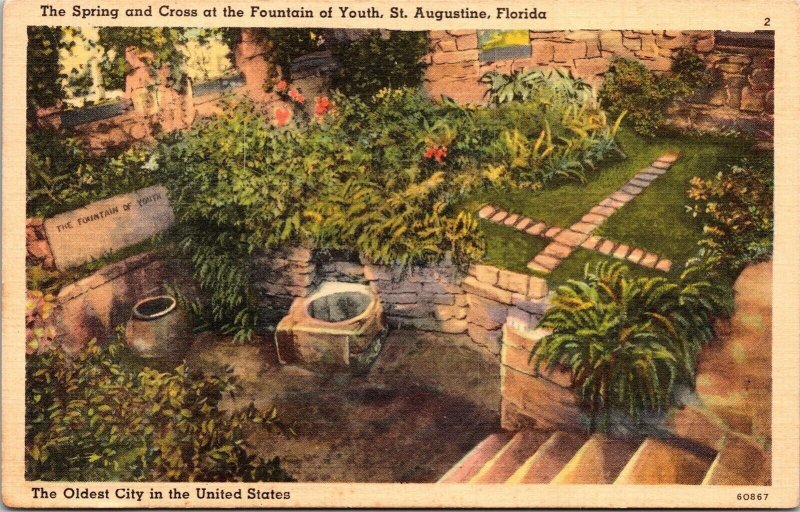 Spring Cross Fountain Youth St Augustine Florida FL Linen Postcard UNP Tichnor 