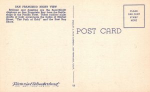 Vintage Postcard 1930's Night View Bay Bridge Battleship Searchlights Oakland CA