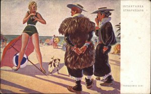 ITALY ITALIA Bathing Beauty w Dog Taking Picture Old Camera Italian Men Postcard