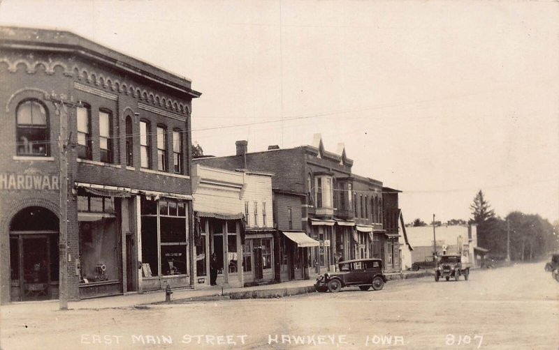 J78/ Hawkeye Iowa RPPC Postcard c1930s Main Street Stores 49