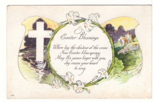 Easter Blessings, Cross, Rural Church Scene, Flowers, Vintage Embossed Postcard