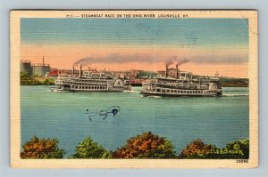 Louisville KY Steamboat Race On The Ohio River Linen Kentucky Postcard