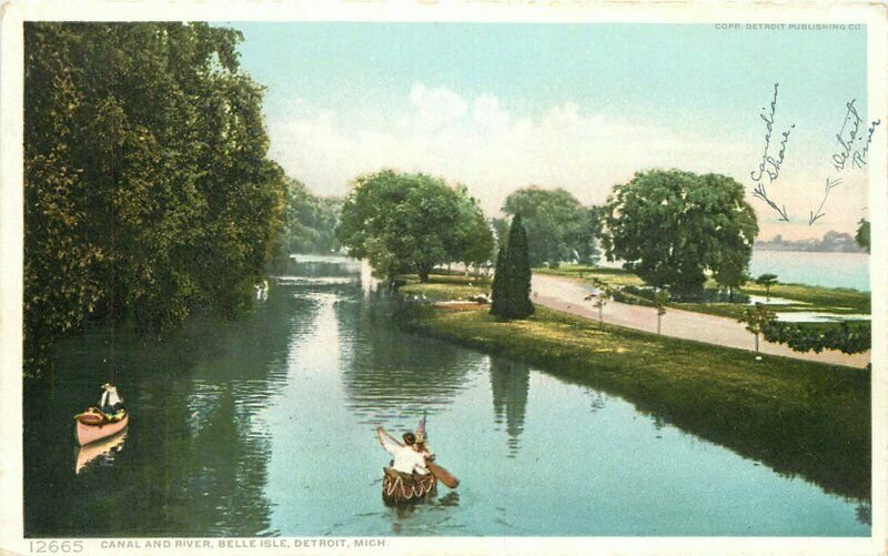 Belle Isle Canal River Detroit Michigan #12665 C-1910 Postcard Phostint 20-7487