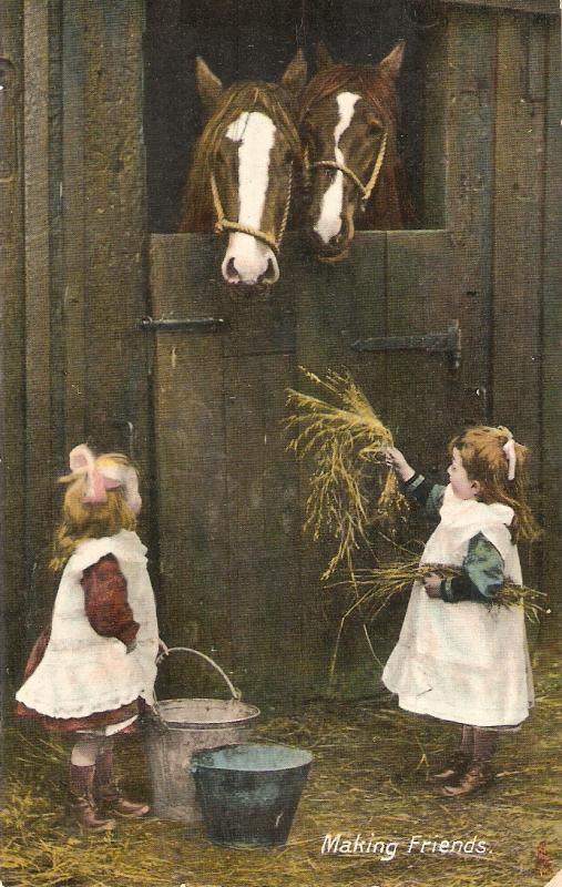 Girls feeding horses. Making Friends Tuck Rapholette Childhood Friends Series