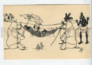 443884 Russia MOLLWO African Men HAMMOCK rhinoceros CARICATURE HAND PAINTED INK