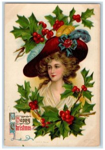 c1910's Christmas Pretty Woman Holly Berries Embossed Posted Antique Postcard