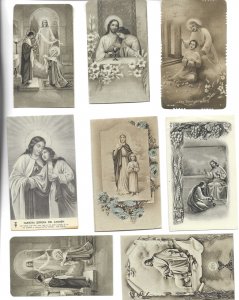 Lot of 8 small Spanish devotional prints of Mary, Jesus, Saints. Size 6 x 10 cm