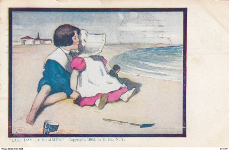 AS Last Day of Summer PU-1908; Bonnet Girl sitting with boy on the beach, doll