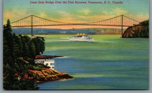 Postcard Vancouver BC c1930s Lions Gate Over The First Narrows Steamer